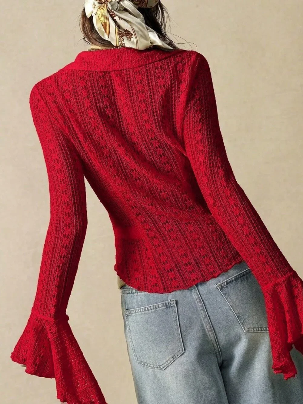 Red Boho Casual Women's Vacation Blouse Lace Knit Flare Long Sleeve V-Neck Top